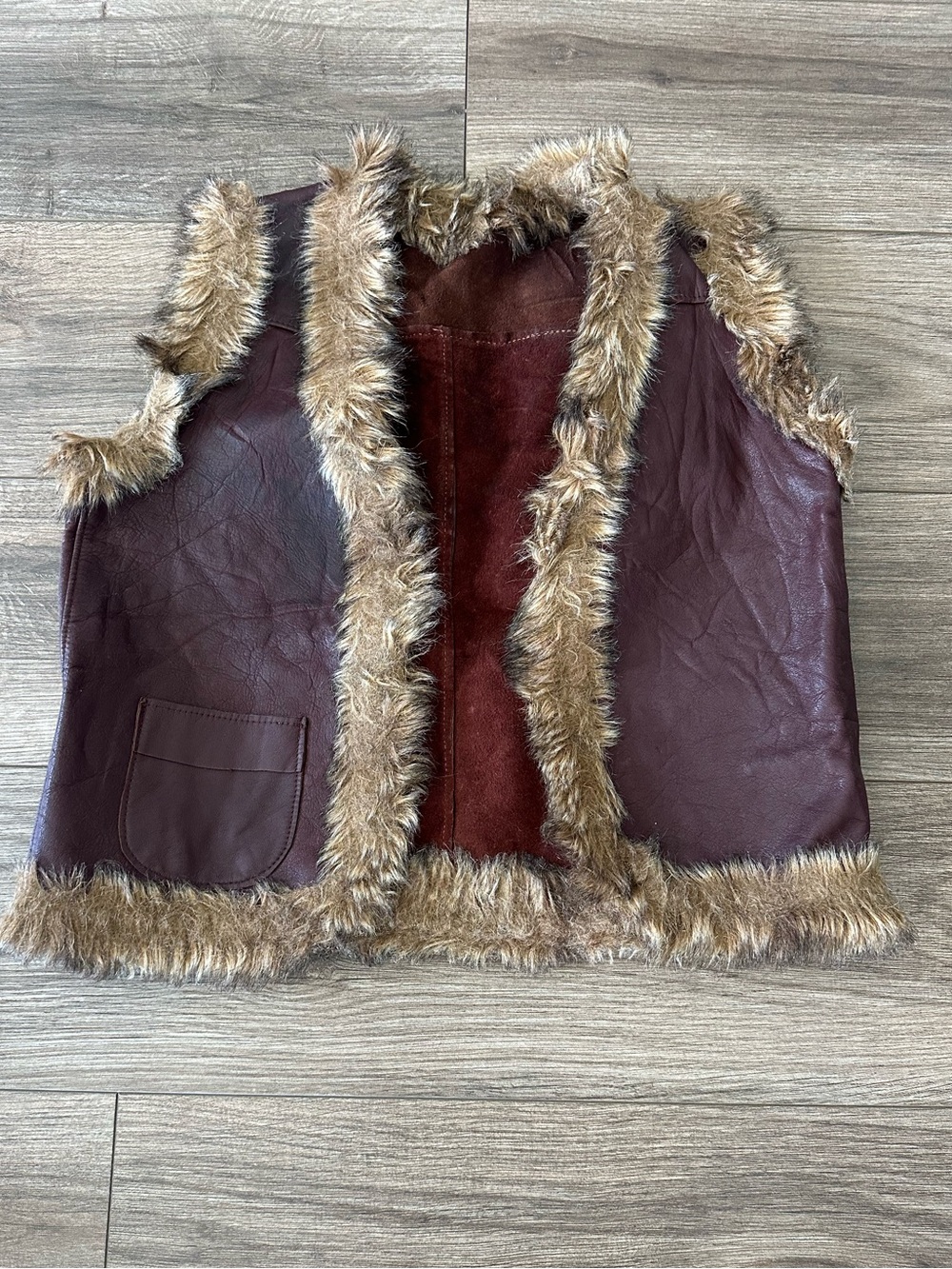 Faux Fur-Trimmed Leather Vest - Brown